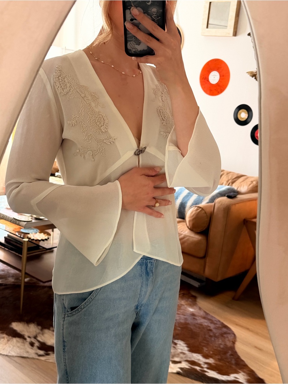 Vintage Cream Embroidered Front Clasp Top